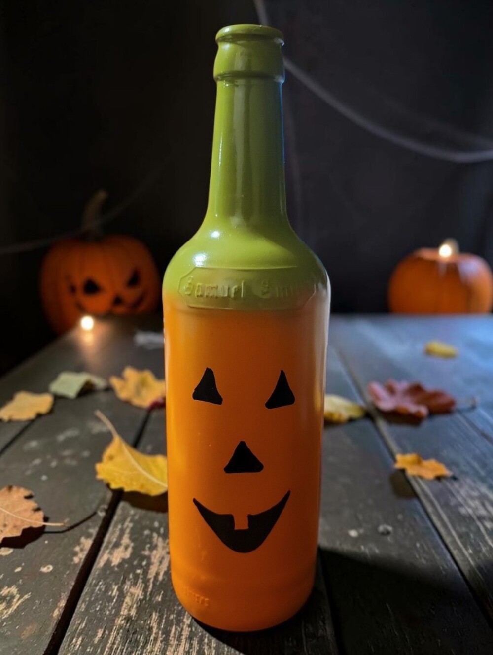 Vtg Samuel Smith Custom Painted Bottle Halloween Jack-o'-lantern Vase Decor